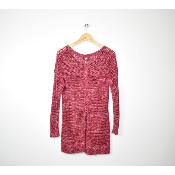 Lucky Brand Lace Up Open Back 3/4 Sleeve Tunic Sweater Size M Burgundy Pink Knit - Picture 3 of 10